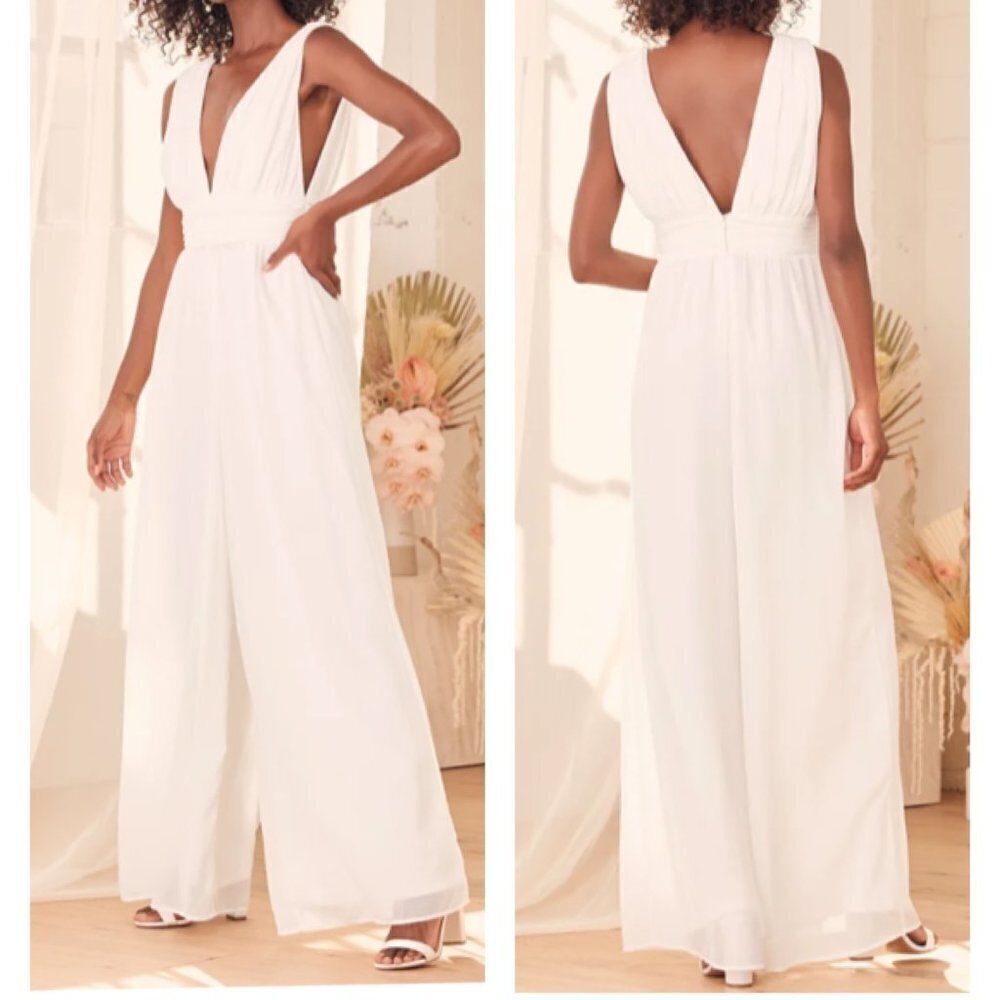 Lulu's Divine Muse White Sleeveless Plunging Neck Bride Wide Leg Small Jumpsuit
